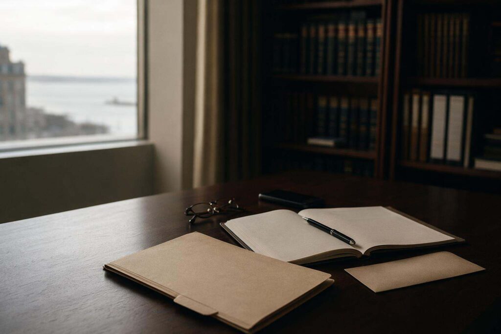 Carpeta legal cerrada, libreta abierta y móvil apagado sobre mesa de despacho con luz lateral, contexto de asistencia letrada al detenido.