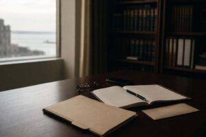 Carpeta legal cerrada, libreta abierta y móvil apagado sobre mesa de despacho con luz lateral, contexto de asistencia letrada al detenido.
