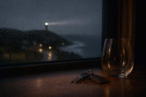 Llaves de coche y vaso de vino vacío sobre mesa oscura junto a ventana con costa atlántica al fondo, evocando un delito de alcoholemia.
