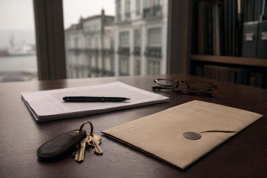 Burofax cerrado y manojo de llaves discretas sobre mesa de despacho junto a un contrato de arrendamiento, evocando un desahucio por finalización de contrato.