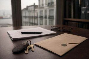 Burofax cerrado y manojo de llaves discretas sobre mesa de despacho junto a un contrato de arrendamiento, evocando un desahucio por finalización de contrato.