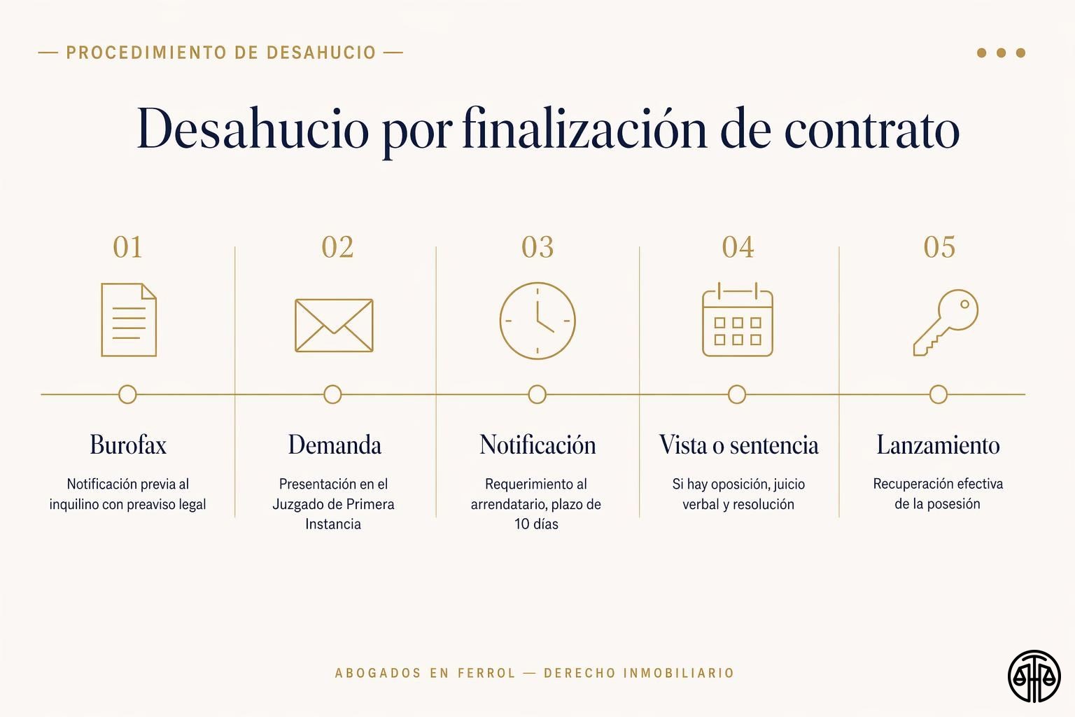 Línea de tiempo del procedimiento de desahucio por finalización de contrato: burofax, demanda, notificación, vista y lanzamiento.