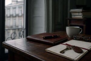 Llave antigua sobre un documento notarial doblado en una mesa de despacho, evocando el desahucio por precario entre coherederos sobre un inmueble heredado.