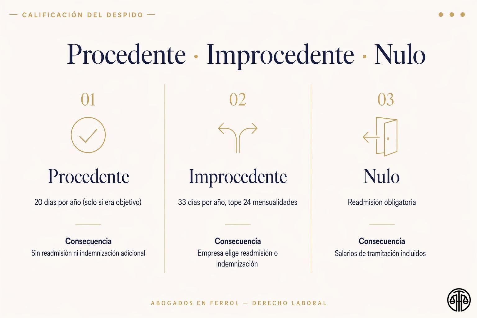 Comparativa de calificaciones del despido: procedente, improcedente y nulo, con su indemnización y consecuencias.