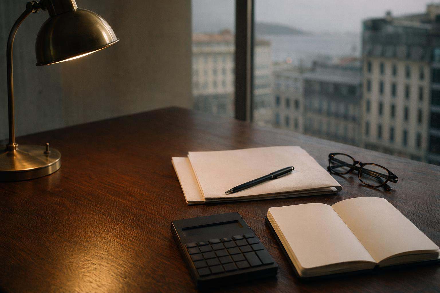 Calculadora discreta, libreta abierta y contrato laboral doblado sobre mesa de despacho con luz cálida lateral, evocando el cálculo de la indemnización por despido improcedente.