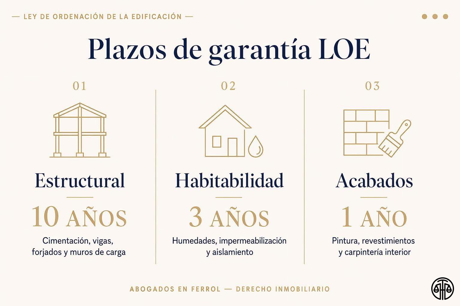 Plazos de garantía de la Ley de Ordenación de la Edificación: 10 años estructurales, 3 años habitabilidad, 1 año acabados.