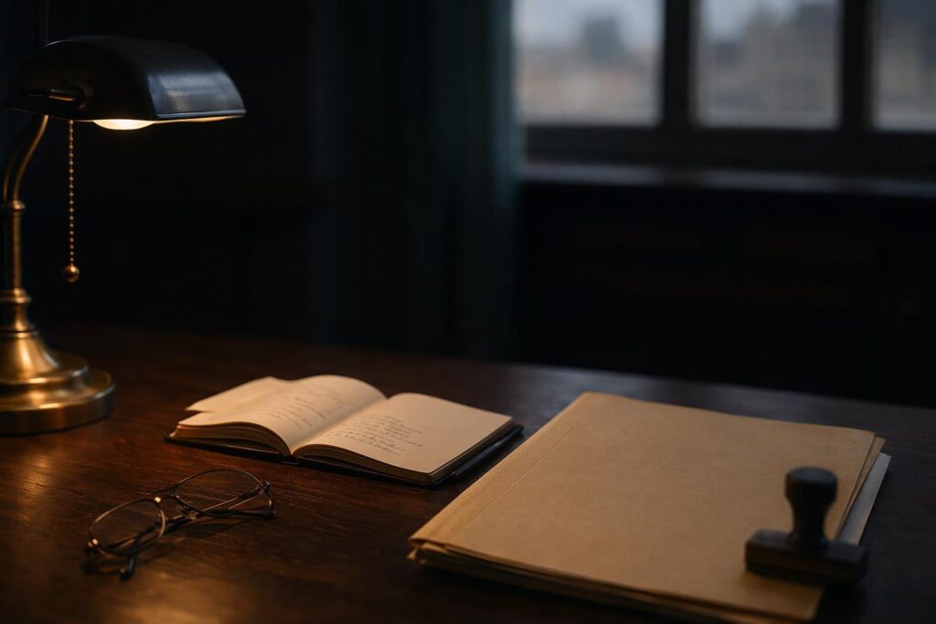 Carpeta médica cerrada con sello difuso sobre mesa de despacho de madera junto a una libreta de notas, gafas plegadas y una lámpara cálida, evocando el expediente de incapacidad permanente.