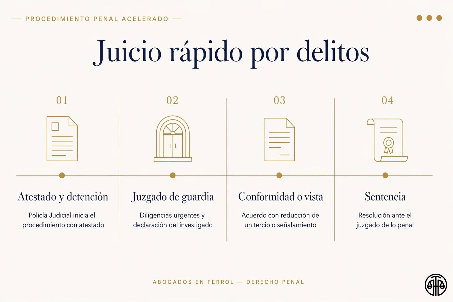 Fases del juicio rápido por delitos: atestado y detención, juzgado de guardia, conformidad o vista, y sentencia.