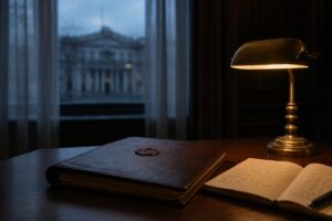 Carpeta legal sellada y libreta abierta sobre mesa de despacho con lámpara de banquero, evocando el estudio de un recurso de apelación penal.