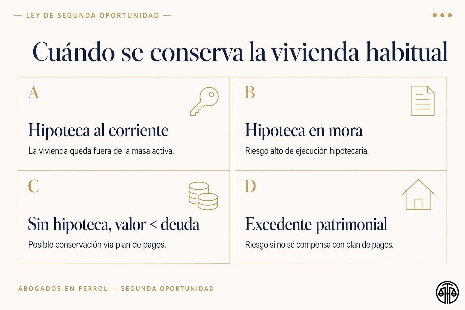 Cuatro escenarios para conservar la vivienda habitual al acogerse a la Ley de Segunda Oportunidad según hipoteca y valor del inmueble.