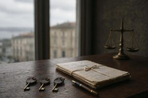 Escrituras dobladas, llaves alineadas y pluma sobre escritorio de nogal, evocando la venta de una parte indivisa de un inmueble compartido.
