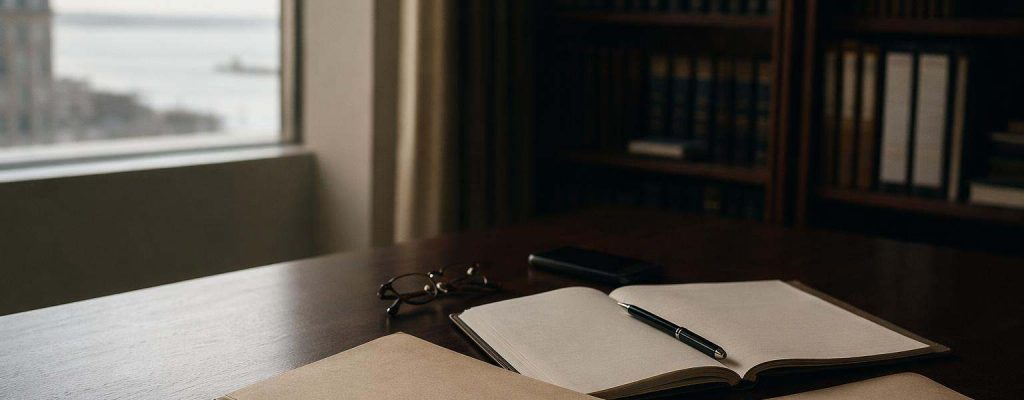 Carpeta legal cerrada, libreta abierta y móvil apagado sobre mesa de despacho con luz lateral, contexto de asistencia letrada al detenido.
