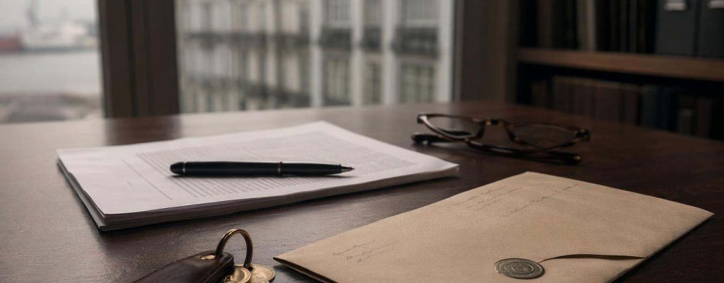 Burofax cerrado y manojo de llaves discretas sobre mesa de despacho junto a un contrato de arrendamiento, evocando un desahucio por finalización de contrato.