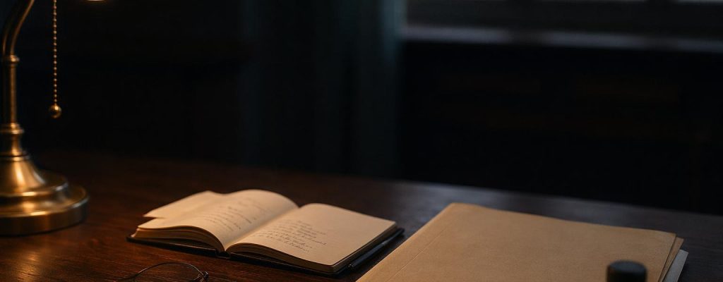 Carpeta médica cerrada con sello difuso sobre mesa de despacho de madera junto a una libreta de notas, gafas plegadas y una lámpara cálida, evocando el expediente de incapacidad permanente.