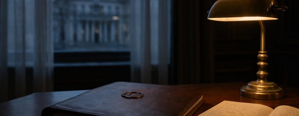Carpeta legal sellada y libreta abierta sobre mesa de despacho con lámpara de banquero, evocando el estudio de un recurso de apelación penal.
