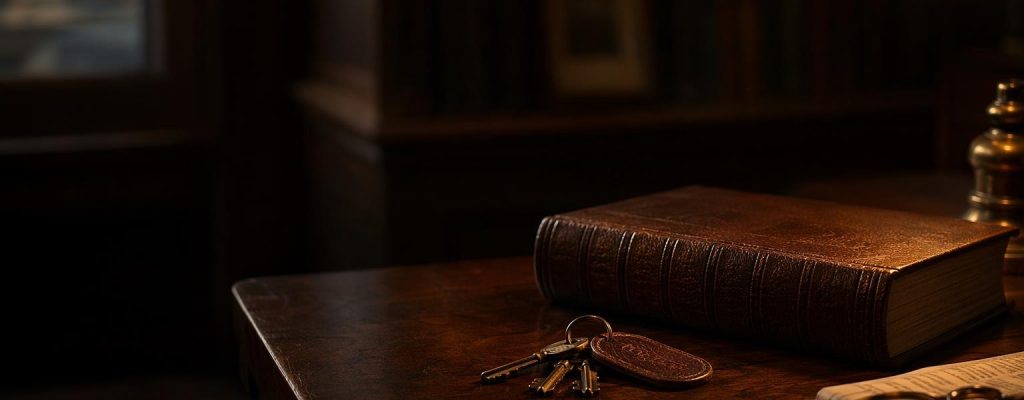 Llaves discretas con llavero de cuero junto a un libro encuadernado y una lámpara cálida en una mesa de despacho en penumbra, evocando salvar la vivienda en la segunda oportunidad.