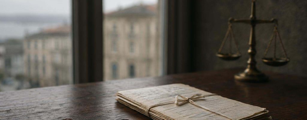 Escrituras dobladas, llaves alineadas y pluma sobre escritorio de nogal, evocando la venta de una parte indivisa de un inmueble compartido.